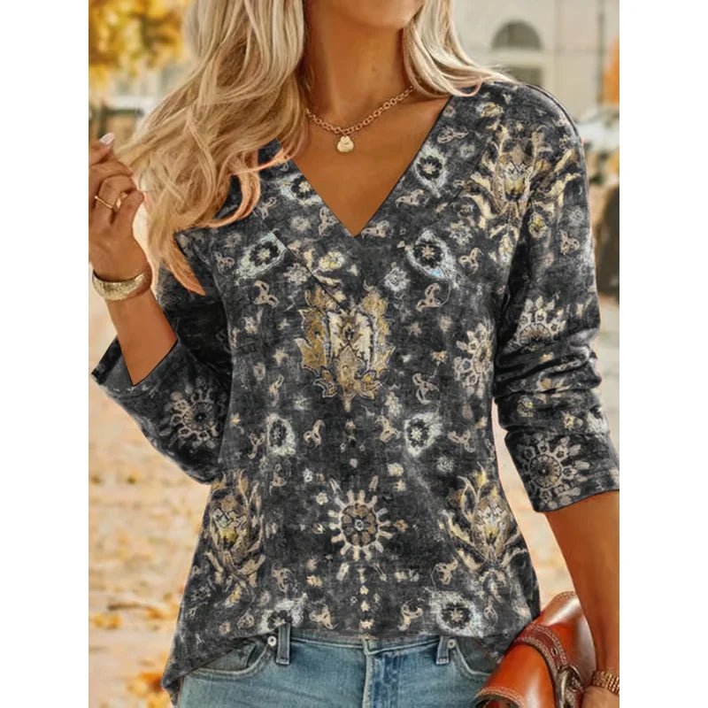 Plus Size Boho Top Women's Plus Floral Print Long Sleeve T-Shirt Casual V Neck Slight Stretch Top Clothing - Chrissy's Eye