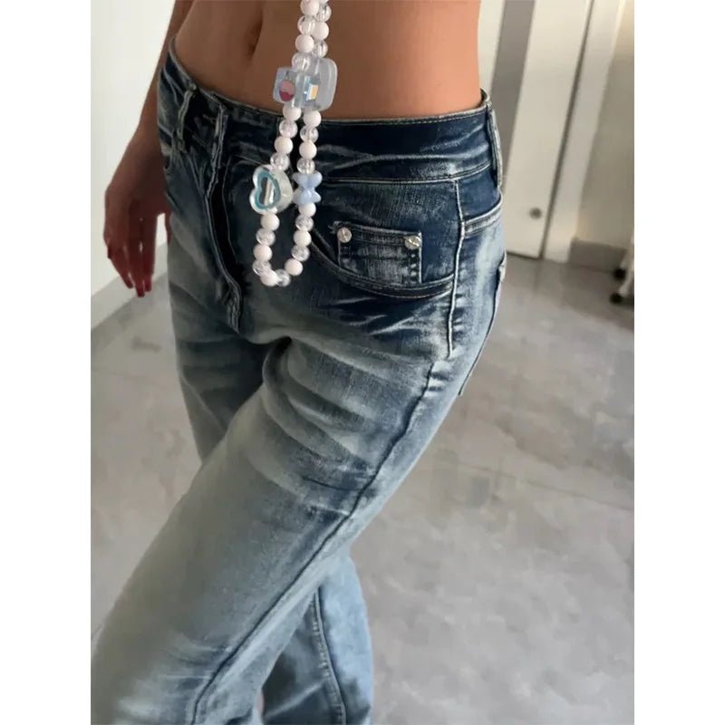Y2K Micro Flare Jeans Women Spicy Girl Mid Waist Washed Slim Fit Narrow Straight Autumn - Chrissy's Eye