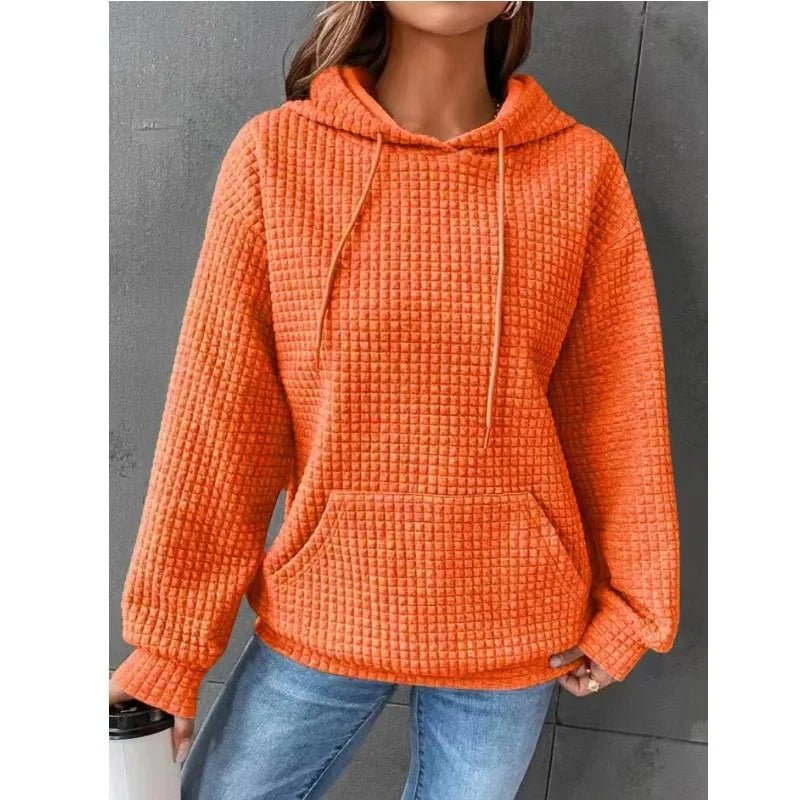Women's hooded sweatshirt spring and autumn style waffle fashion beautiful solid color hooded drawstring loose sweatshirt - Chrissy's Eye