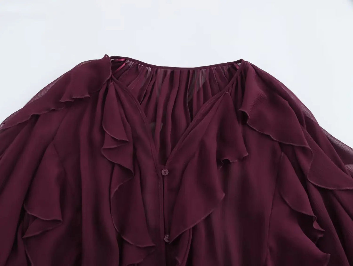 2026 Summer Chic Women's Elegant Loose Long Sleeve Layered Shirts Office Lady Vintage V-neck Translucent Tierred Ruffles Blouses - Chrissy's Eye