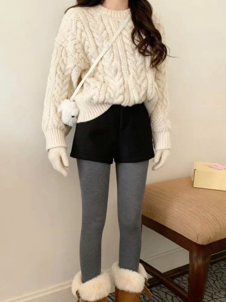 Women's 2025 Winter Thick Wool Blend Shorts - Korean High Waisted Slimming Bodycon 3/4 Booty Shorts - Chrissy's Eye