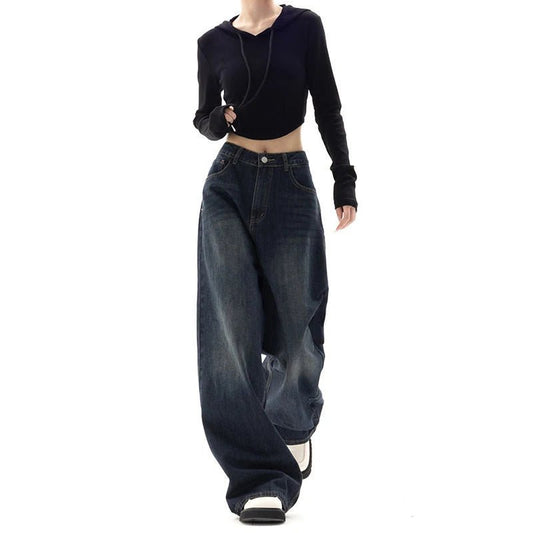 Retro Street Style Wide Leg Pants Niche Design Floor Length Pants High Waisted Loose Fit Slimming Jeans For Women - Chrissy's Eye