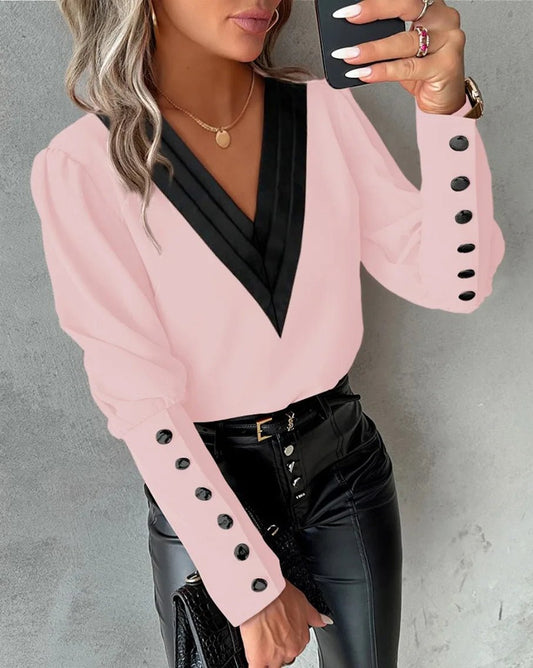 Office Ladies V-neck Button Shirt Blouse Spring Autumn Fashion Color Matching Long Sleeve Shirts For Women 2024 White Tops Femme - Chrissy's Eye