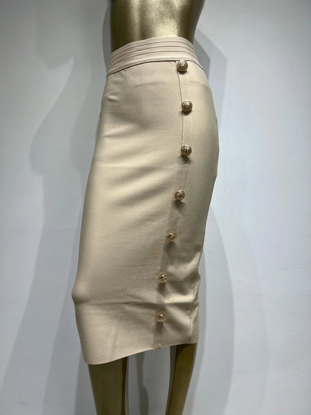 Spring New Women Bandage Skirts Elegant High Waist Midi Calf Gold Buttons Pencil Skirt High Street Office Lady Formal Clothing - Chrissy's Eye