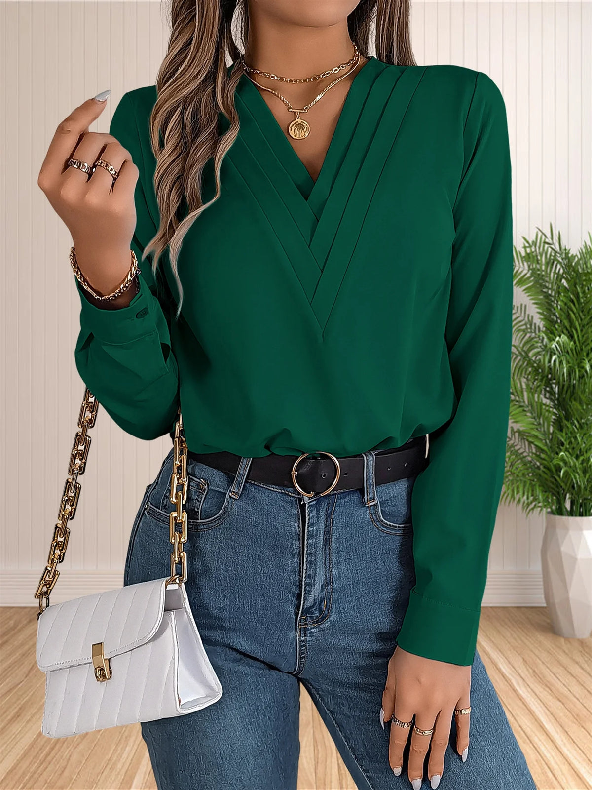 Women's Elegant Business Office Blouse Layered V Neck Long Sleeve Dressy Shirts Work Tops - Chrissy's Eye
