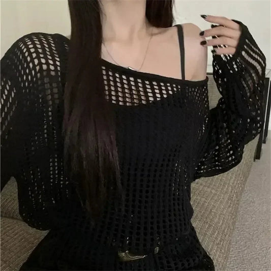 Hollow Out Crop Top Knitted Retro Long Sleeve T Shirt Women Summer Sun Protection Breathable Cardigans Patched Tee - Chrissy's Eye