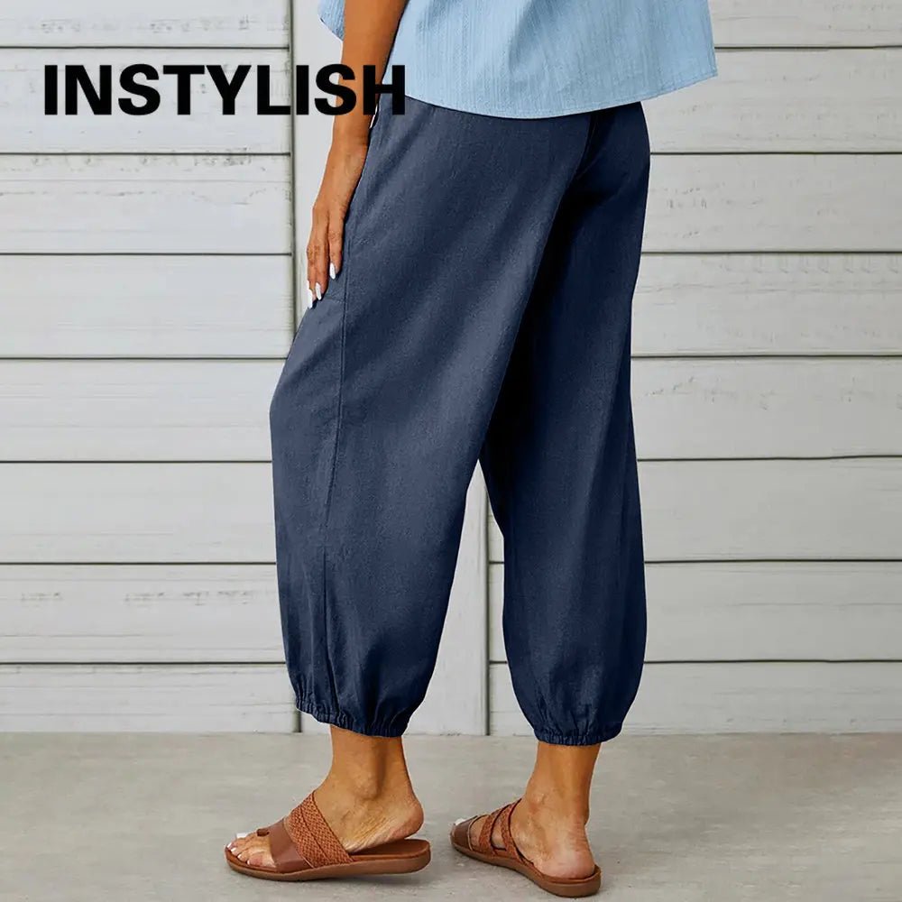 Women Cotton Linen Pants 2023 Autumn Solid Color Elastic Waist Loose Straight Trousers Female Harajuku High Waist Wide Leg Pants - Chrissy's Eye