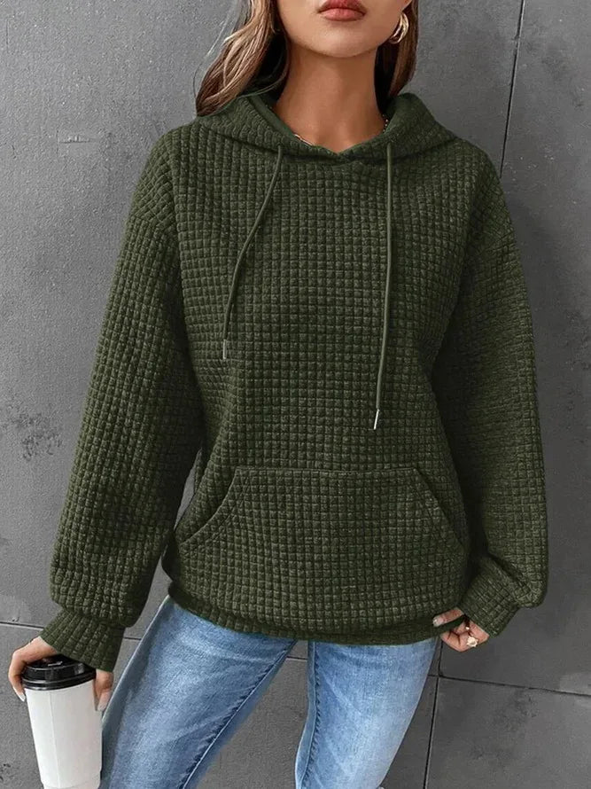 Women's hooded sweatshirt spring and autumn style waffle fashion beautiful solid color hooded drawstring loose sweatshirt - Chrissy's Eye