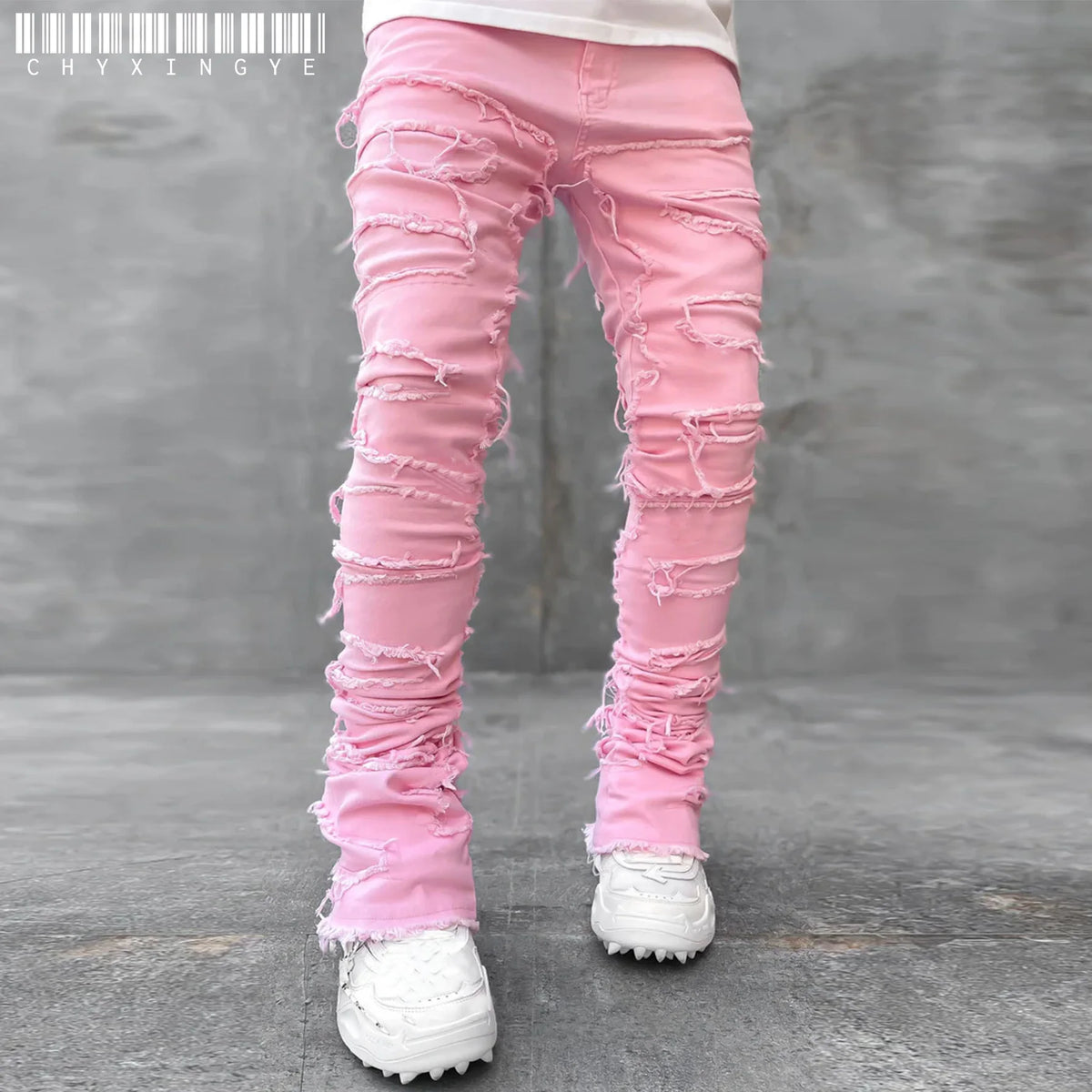 Men's Regular Fit Stacked Jeans Ripped Slim Fit Patch Distressed Destroyed Straight Denim Pants Hip Hop Streetwear Trouser Cloth - Chrissy's Eye