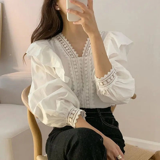 V-neck Ruffles Puff Sleeve Women Blouse Long Sleeve Tops Long Sleeve White Shirts Fashion Casual Office Lady Elegant Clothing - Chrissy's Eye