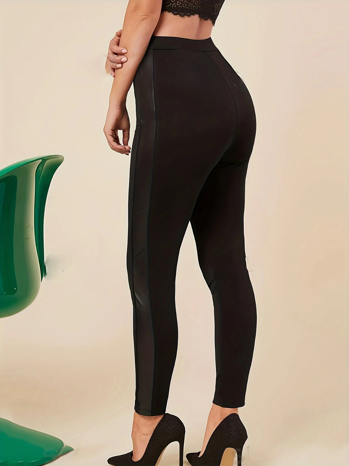 Solid color tight leggings PU leather splicing casual high waist stretch leggings women's clothing suitable for spring autu - Chrissy's Eye