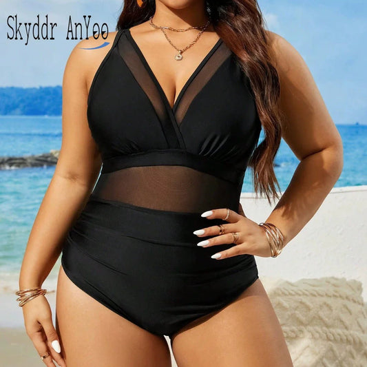 Plus Size Swimsuit Women's Sexy One Piece Bathing Suits V-Neck Tummy Control Mesh Swimwear - Chrissy's Eye