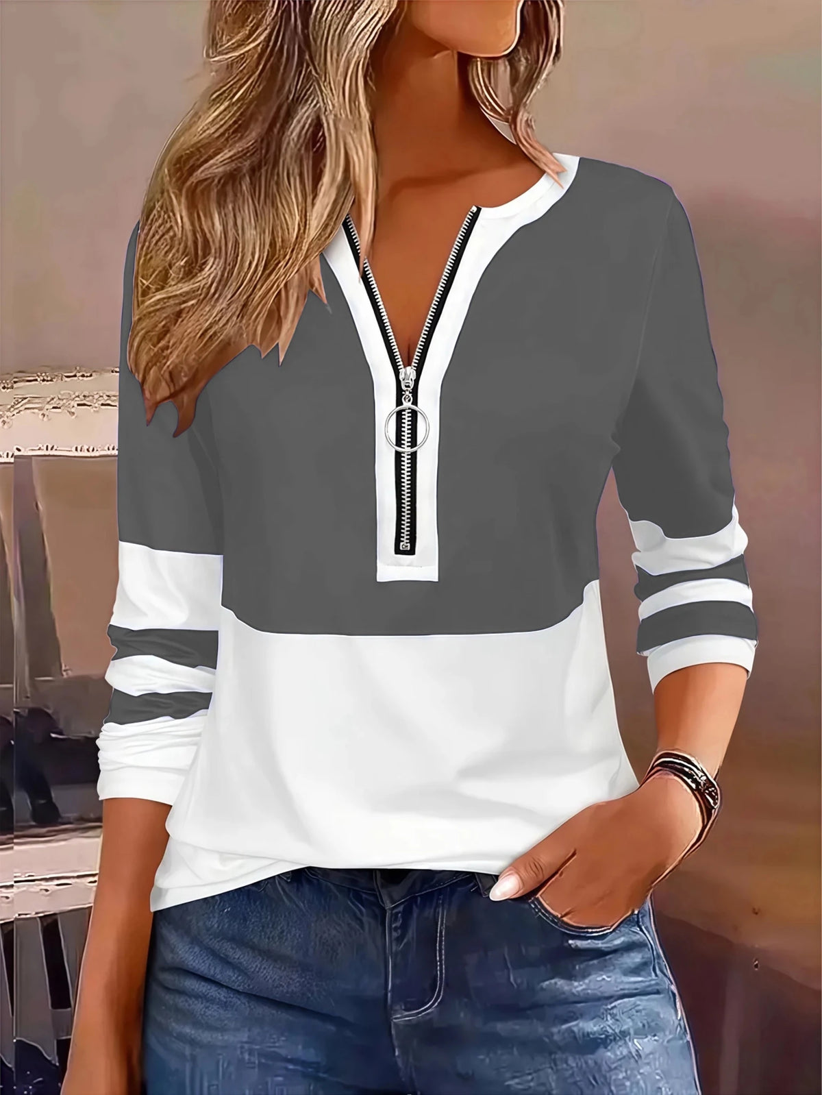 Plus Size Long Sleeve T-Shirt with Geometric Stripes & Color Block Ring Zipper Detail - Chrissy's Eye