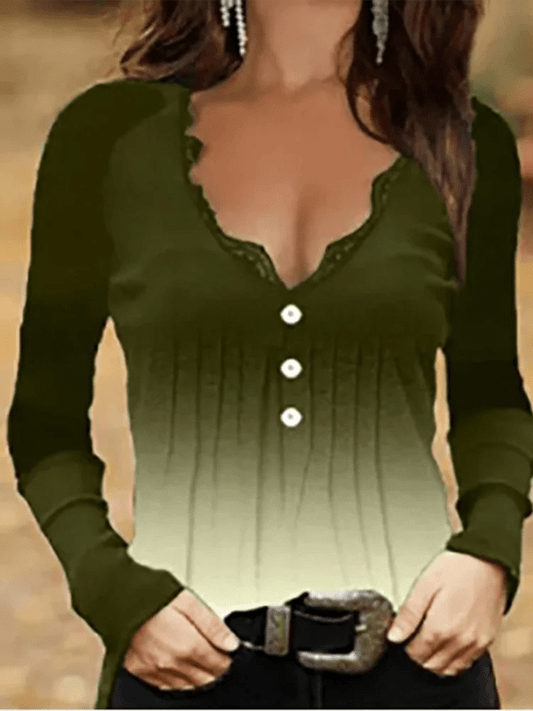 Women Black V-Neck Lace Sexy Top Long Sleeve Button T-Shirt Casual Fashion Slim Top - Chrissy's Eye