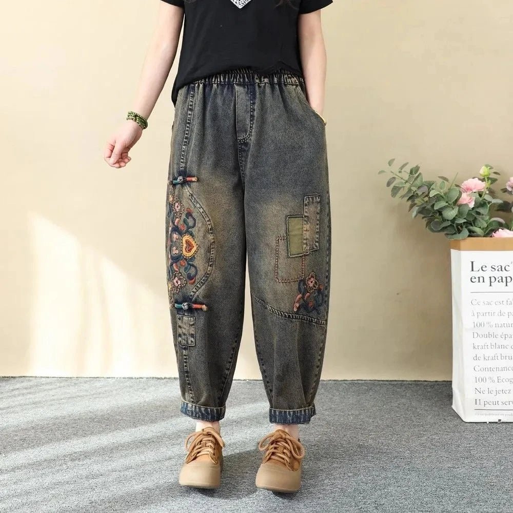Artistic Retro Embroidered Jeans Women's Wear 2026 Spring Autumn New Loose High Waist Elastic Denim pants Female Casual Trousers - Chrissy's Eye