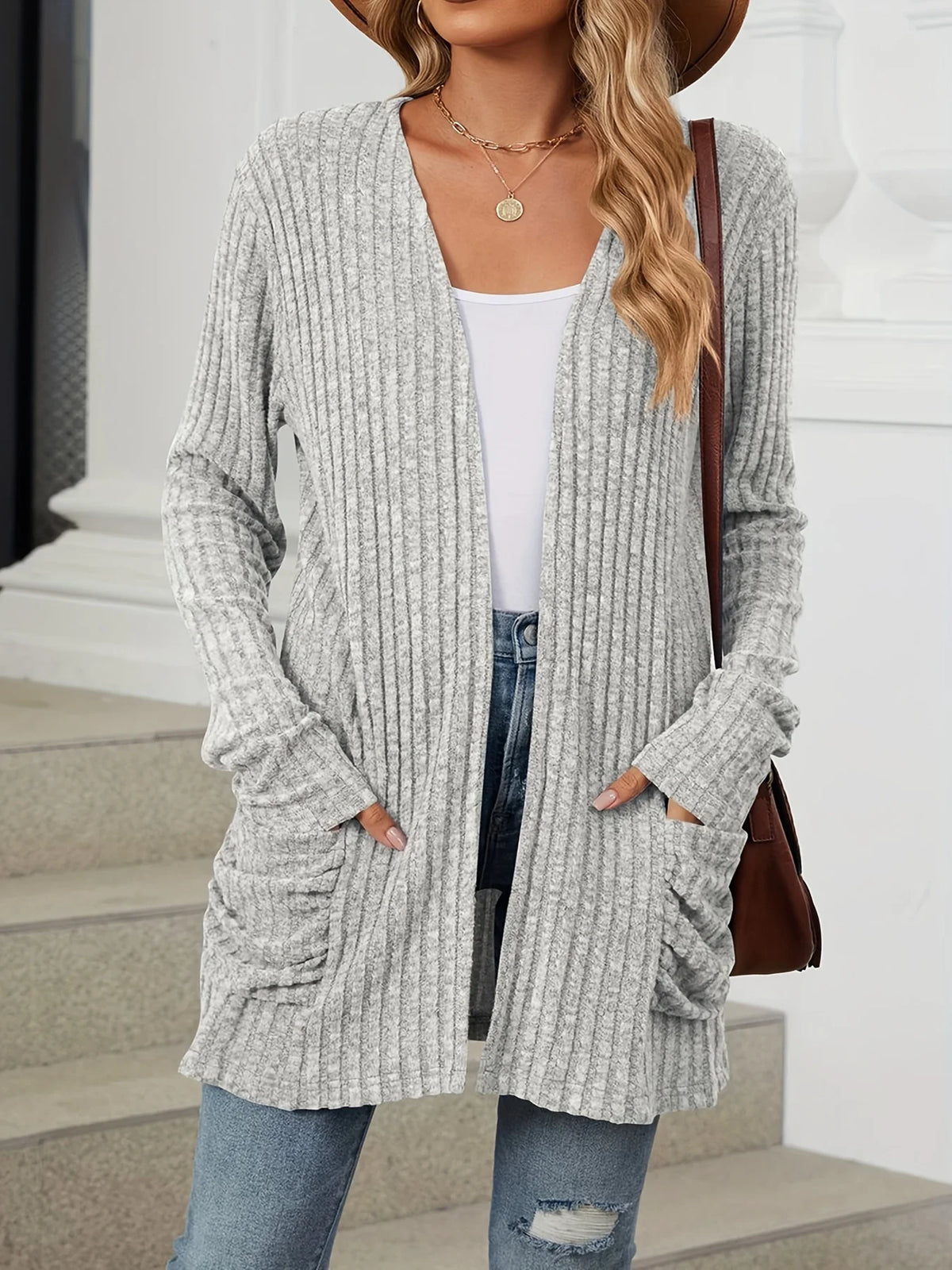 Plus Size Open Front Cardigan Casual Dual Pockets Long Sleeve Cardigan For Fall Women's Plus Size Clothing - Chrissy's Eye