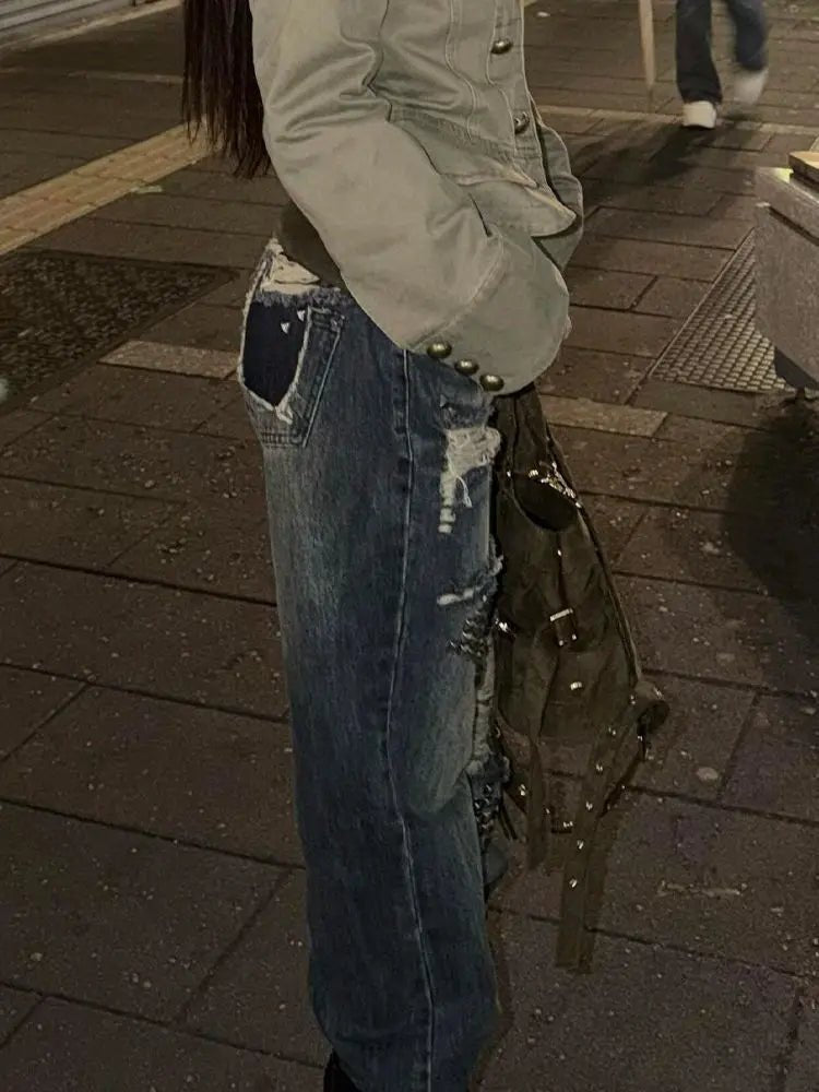 Women Vintage Ripped Y2k Jeans Streetwear American Retro Rivet Hole Design Denim Pants High Street Grunge Trousers Pantalones - Chrissy's Eye