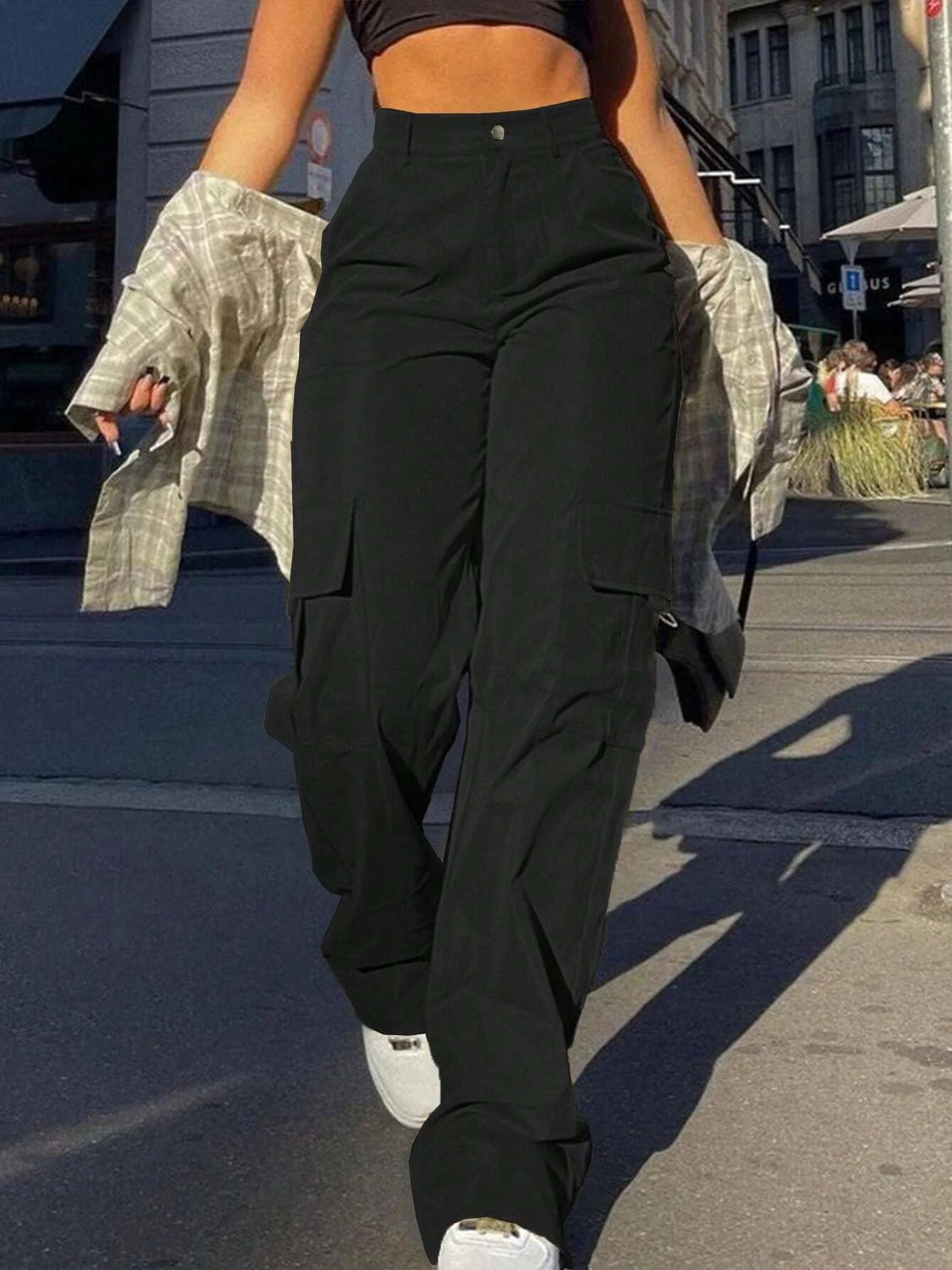 Women's Plain High Waist Cargo Pants, Street Fashion Casual Pocket Button Trousers for Daily Wear, Ladies Bottoms for All Season - Chrissy's Eye