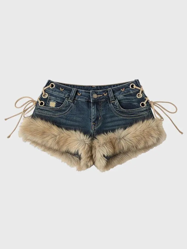 Winter New Women's Retro Design Fluffy Splicing Jeans Shorts Y2k Low-rise Strap Slim Hot Pants - Chrissy's Eye
