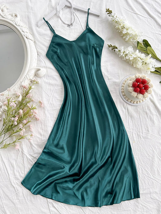 Elegant Satin Women's Nightdress Sexy Comfortable Long Slip Dress Solid Color Pajamas For Women - Chrissy's Eye