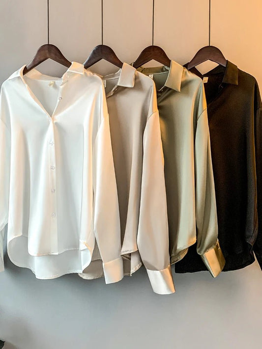 Office Lady Long Sleeve blouse Women Autumn 2023 Overshirt Satin Femal Clothing Elegant Korean Style Luxury Designer Blouse - Chrissy's Eye