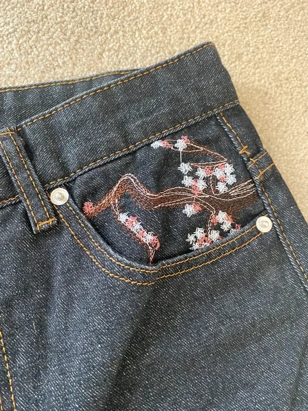 Men Dark Wash Denim Shorts Back Pocket Cherry Blossom Embroidered Loose Fit Knee Length Vintage Streetwear Casual Summer Wear - Chrissy's Eye