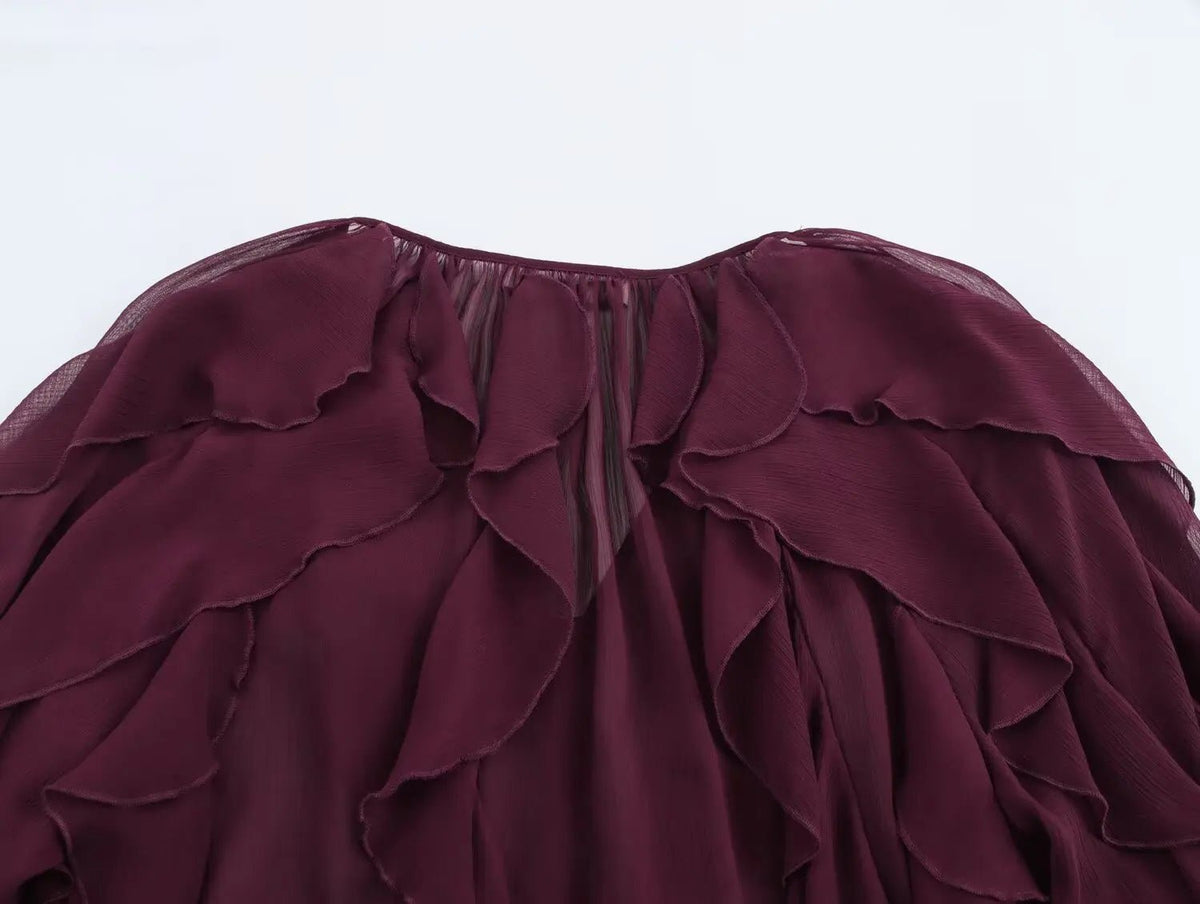 2026 Summer Chic Women's Elegant Loose Long Sleeve Layered Shirts Office Lady Vintage V-neck Translucent Tierred Ruffles Blouses - Chrissy's Eye