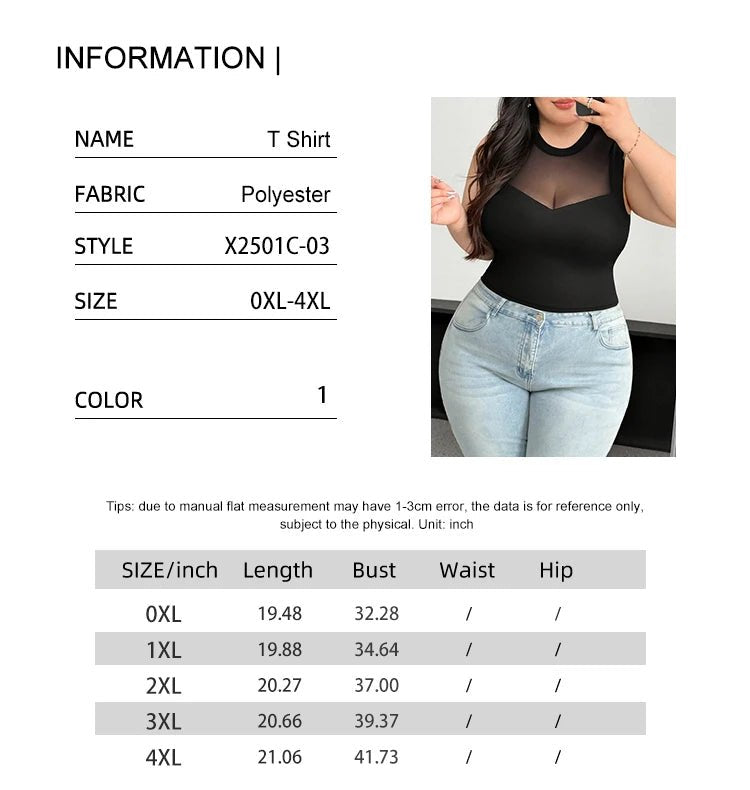 Plus Size Women's 2025 Summer New Sleeveless Round Neck Mesh See Through Sexy Mesh Splicing Black Blouse T Shirt Polyester - Chrissy's Eye