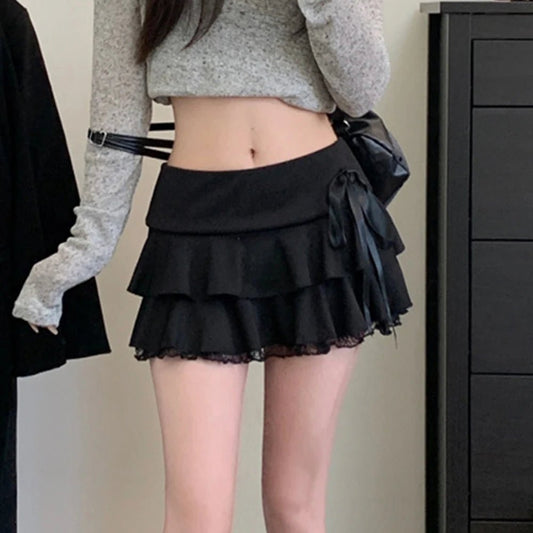 Goth Y2K Black Lace Trim Bow A Line Mini Skirt Women Korean Streetwear - Chrissy's Eye