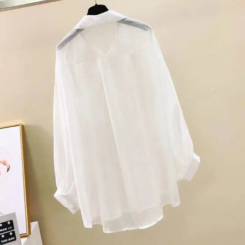Summer Sunscreen Shirt Elegant Perspective Thin Chiffon Blouse Korean Harajuku See Through Loose Top Casual Women's Cardigan - Chrissy's Eye