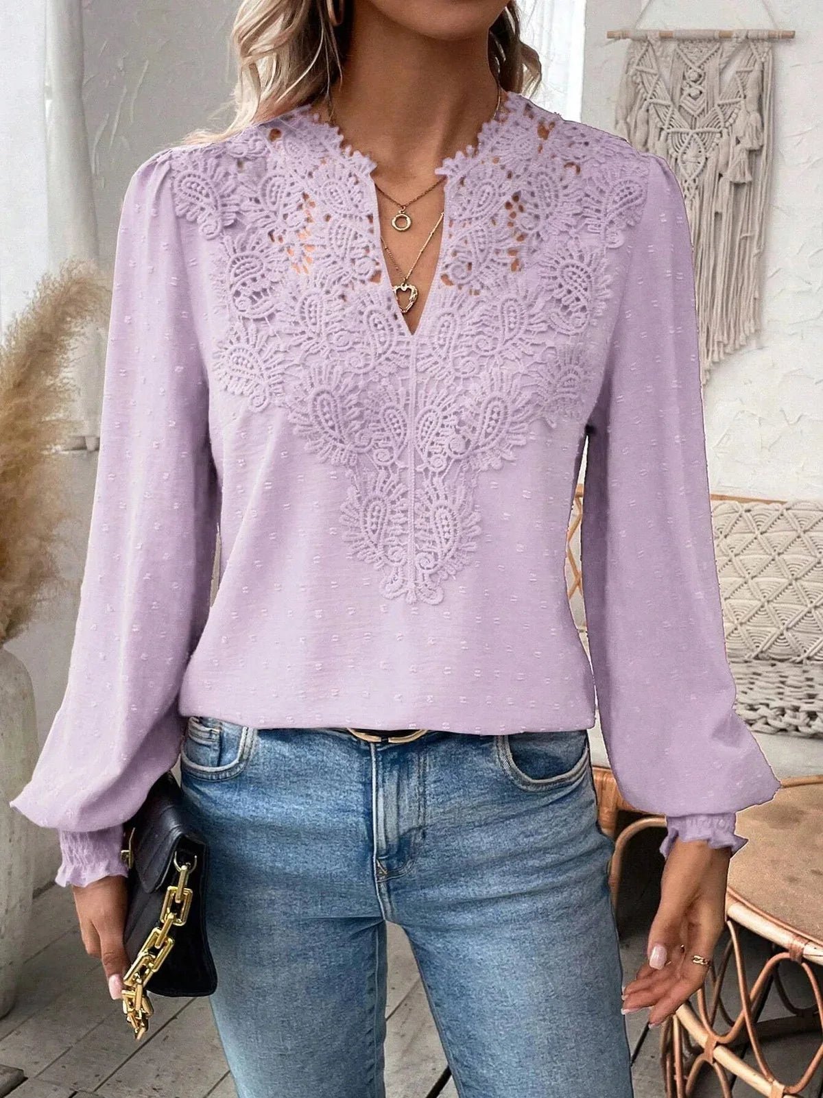 Womens Long Sleeve Sweaters Fall 2024 Trendy Sexy Lace V Neck Puff Sleeve Pullover Sweater Cute Tops - Chrissy's Eye