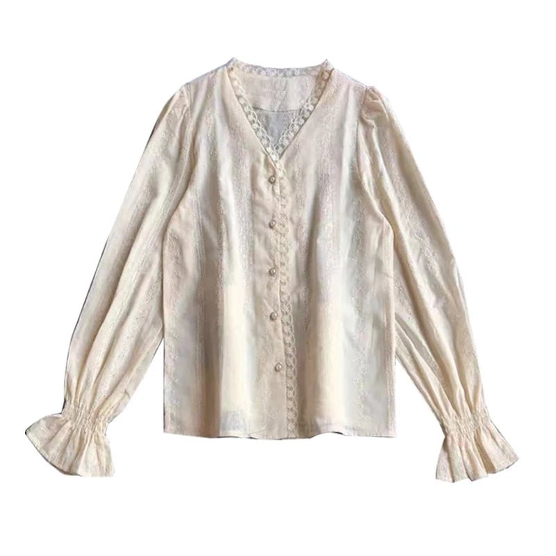 Ele Women's Long Sve Lace irt V-Ne Design Korean Sle Commute Cotton Blend Fabric Pure Color Straight Cut - Chrissy's Eye