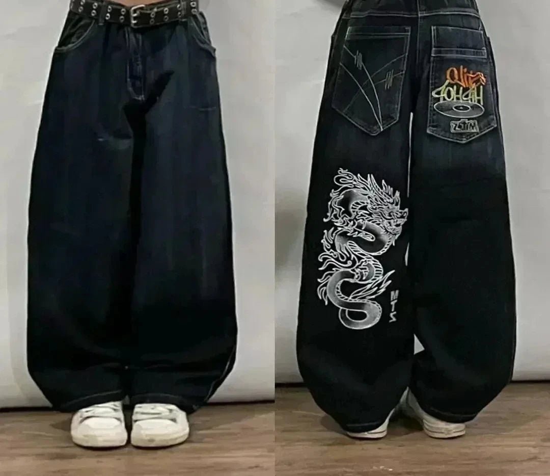 Street Fashion Trend Skull Embroidered Jeans Women Harajuku Y2K New Hip Hop Joker Straight Wide-leg Pants Couple Casual Jeans - Chrissy's Eye