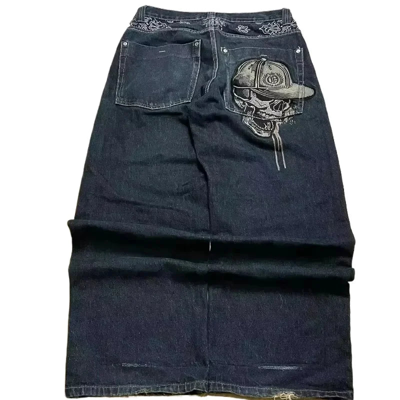 Street Fashion Trend Skull Embroidered Jeans Women Harajuku Y2K New Hip Hop Joker Straight Wide-leg Pants Couple Casual Jeans - Chrissy's Eye