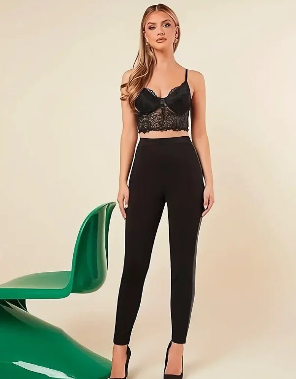 Solid color tight leggings PU leather splicing casual high waist stretch leggings women's clothing suitable for spring autu - Chrissy's Eye