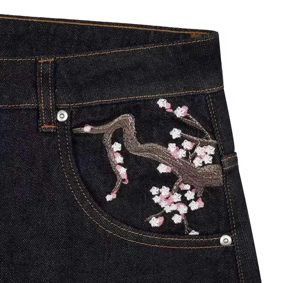 Vintage Low Waist Hip Hop Cherry Blossom Embroidered Jeans Wide Leg Trousers Y2K Clothes Mens Womes Embroidered Baggy Jeans - Chrissy's Eye