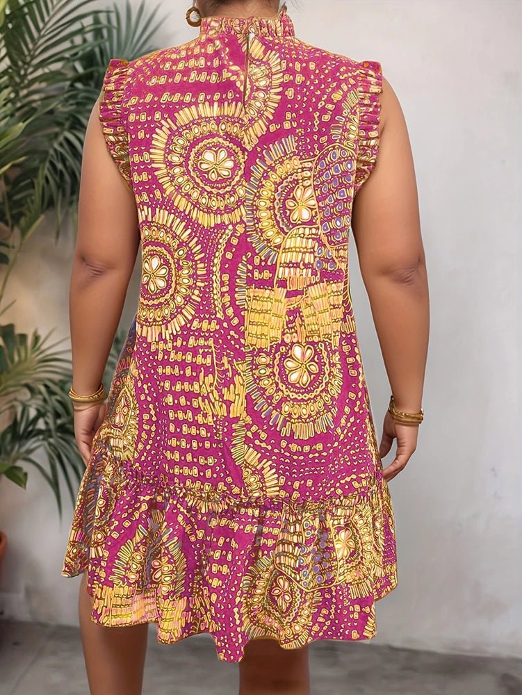 Plus Size 2025 Summer New Women's Elegant Slim Fit Short Sleeve Dress - Black gold and red paisley print ruched hem Round Neck - Chrissy's Eye