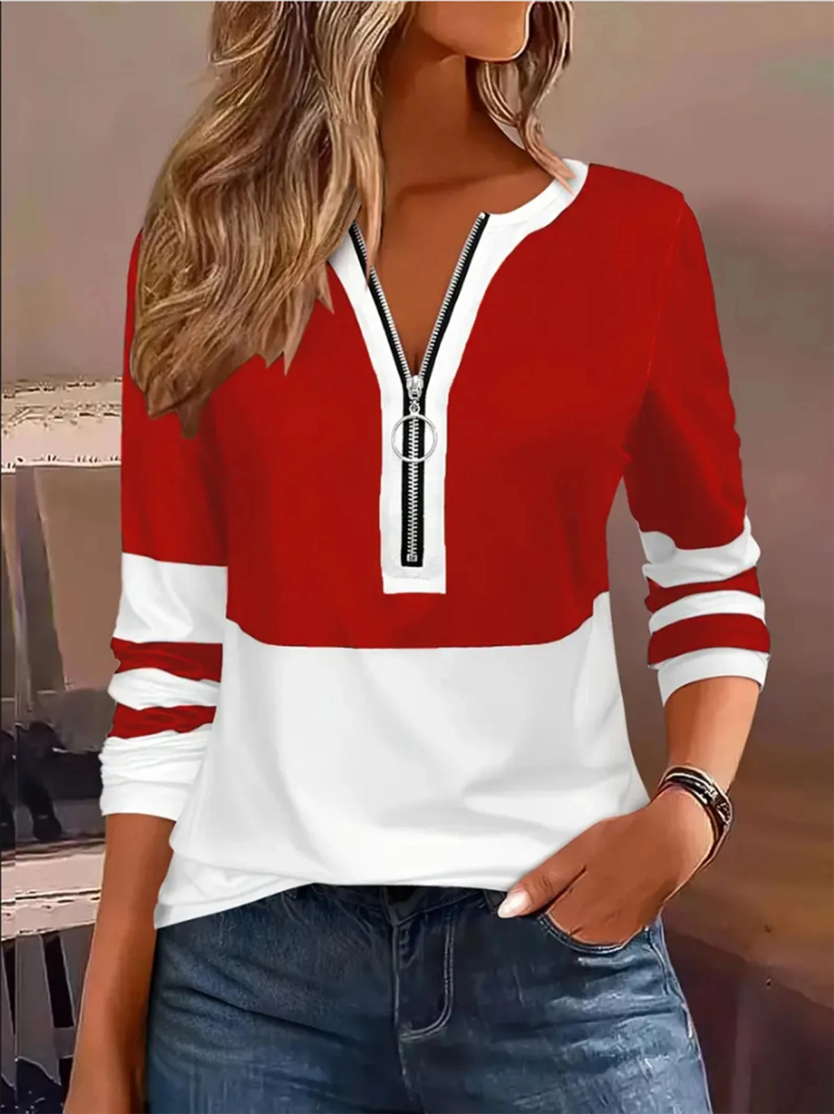 Plus Size Long Sleeve T-Shirt with Geometric Stripes & Color Block Ring Zipper Detail - Chrissy's Eye