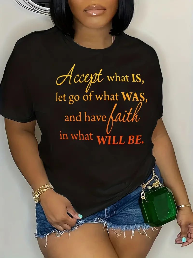 Plus Size Casual T-shirt Women's Plus Ombre Letter Graphic Short Sleeve Round Neck Medium Stretch Top - Chrissy's Eye