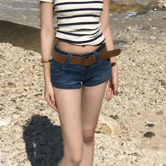 American Style Y2K Low-Waisted Denin Shorts for Woman 2026 Summer New Sexy Tight Elastic Mini Jeans Fashion High Street Shorts - Chrissy's Eye