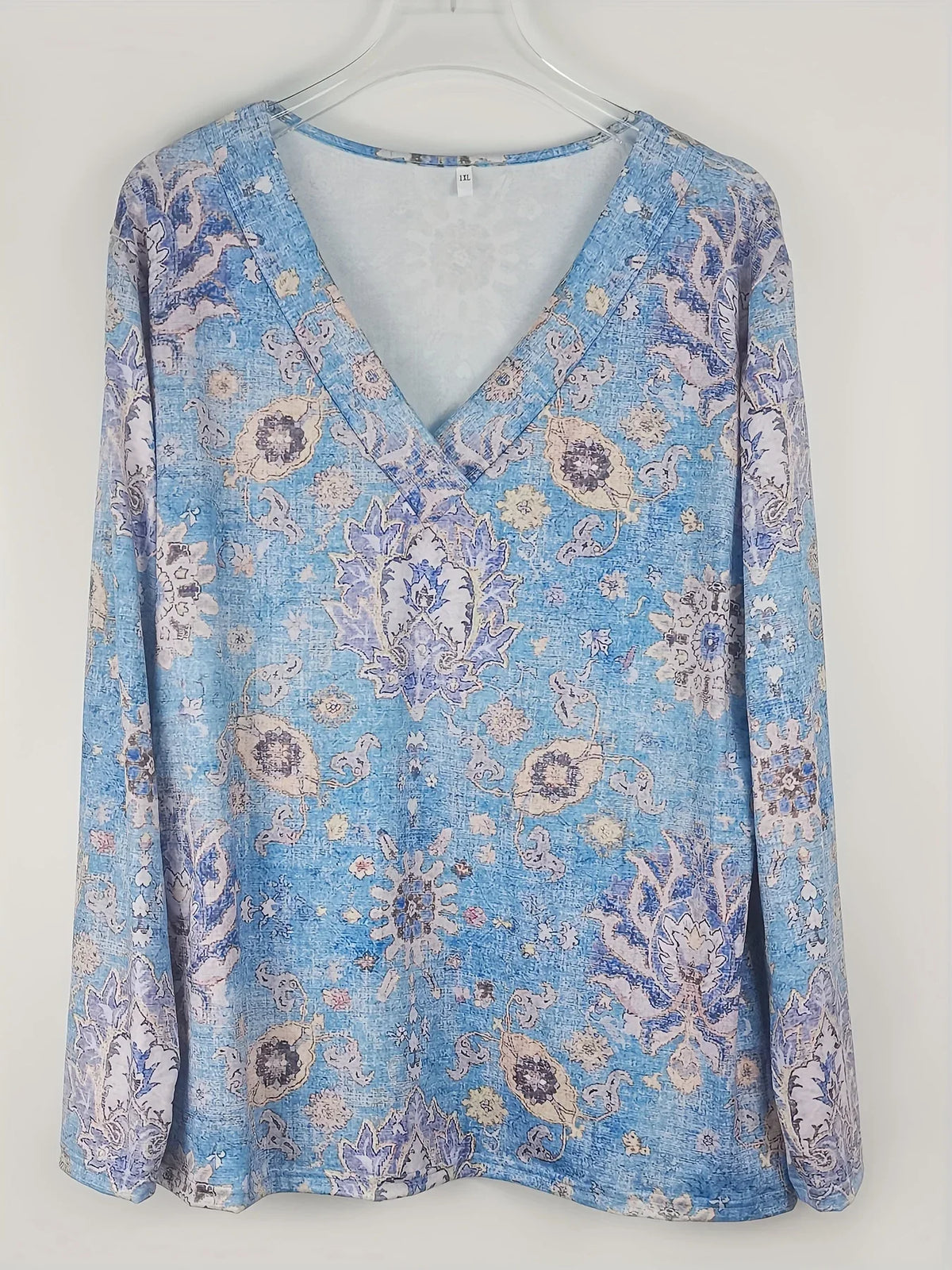 Plus Size Boho Top Women's Plus Floral Print Long Sleeve T-Shirt Casual V Neck Slight Stretch Top Clothing - Chrissy's Eye