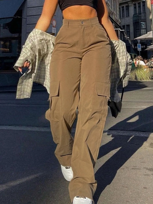 Women's Plain High Waist Cargo Pants, Street Fashion Casual Pocket Button Trousers for Daily Wear, Ladies Bottoms for All Season - Chrissy's Eye