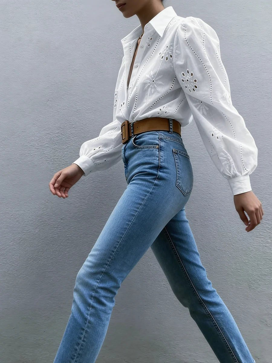 Women's Blouse Spring Summer White Eyelet Embroidery Puff Long Sleeve Valentine's Day Elegant Romantic Casual Vacation Top - Chrissy's Eye