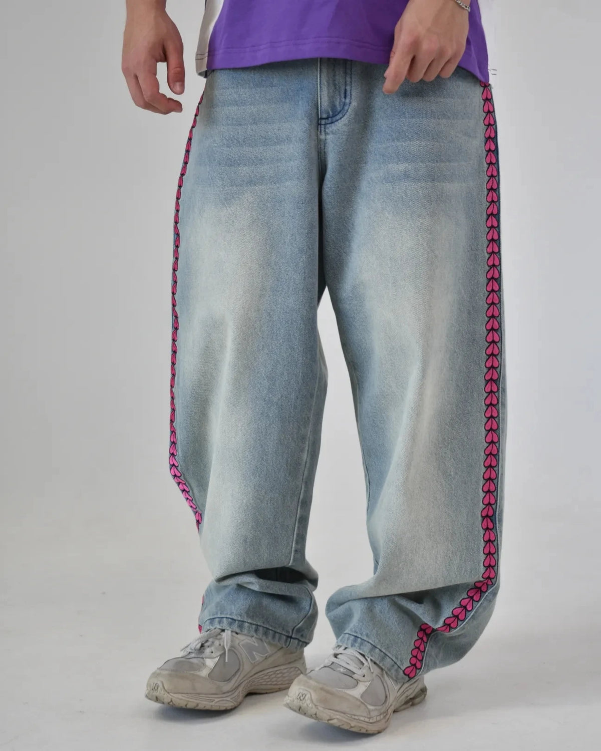 Y2K Men D4C JoJo High Waist Baggy Jeans Women Pink Heart Side Embroidery Loose Fit Washed Denim Pants Streetwear Wide Leg Pants - Chrissy's Eye