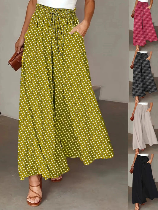 2025 Spring/Summer Bohemian Wide-Leg Pants with Elastic Waist and Polka Dot Print Long Skirt Pants for Women - Chrissy's Eye