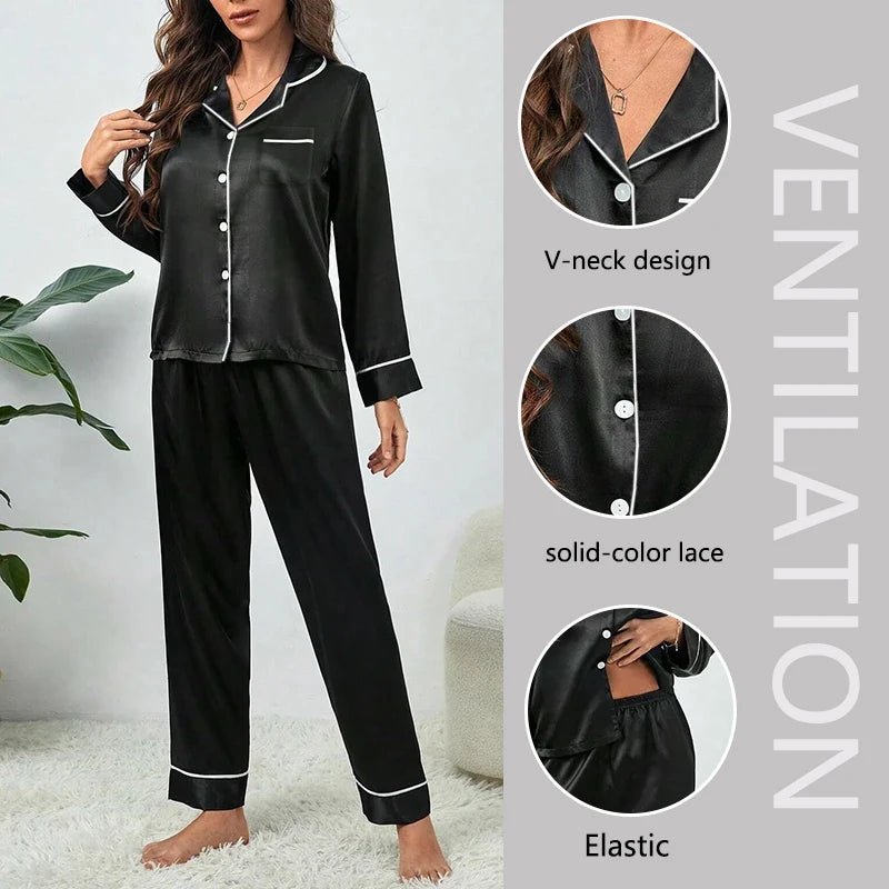 Plus Size Fall and Winter Silk Satin Women Pajamas Set Button down Top & Trousers 2 PCS Set Sleepwear Solid Nightwear Loungewear - Chrissy's Eye