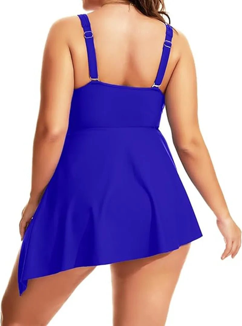 Women's Swimsuit 2024 Plus Size One Piece Asymmetrical Hem Swimdress V-Neck Solid Tankini Beachwear - Chrissy's Eye