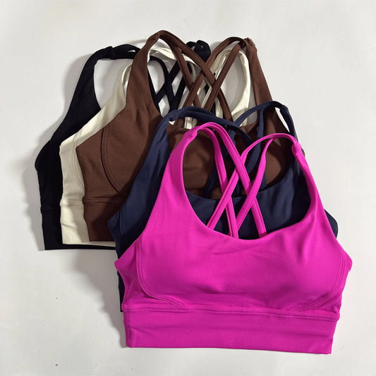 Solid Color Soft Cross Back Women Fitness Bra Tights Yoga Vest High Strength Shockproof Gym Sports Top Push Up With Chest Pad - Chrissy's Eye