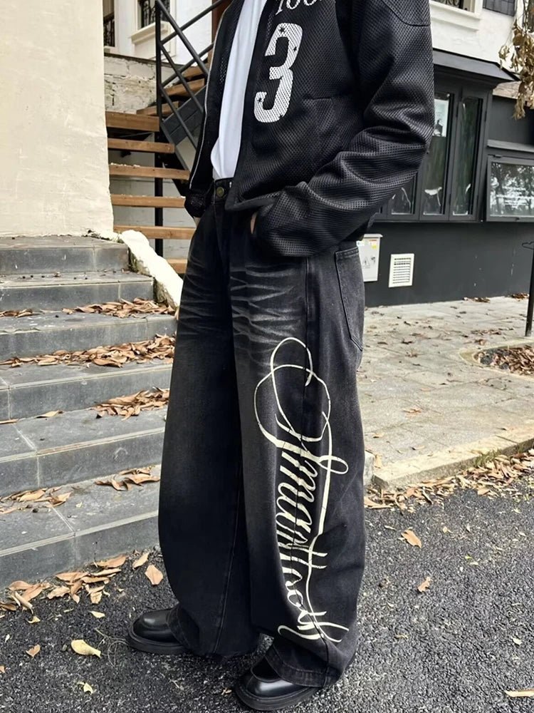 Autumn Men's Letter Printed Straight-Leg Baggy Jeans Hip Hop Fashion Washed Denim Pantalones American Retro Y2K Streetwear Jean - Chrissy's Eye