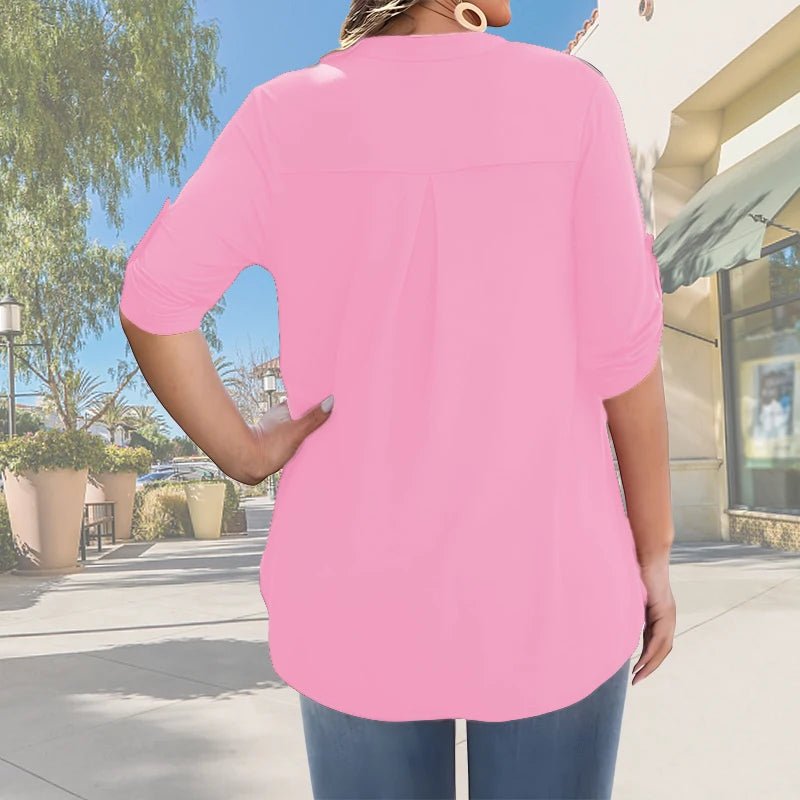 2025 New Women's Plus Size Summer Casual V-Neck Button-Front Blouse - Elegant Loose Fit Short Sleeve Machine Washable Solid - Chrissy's Eye